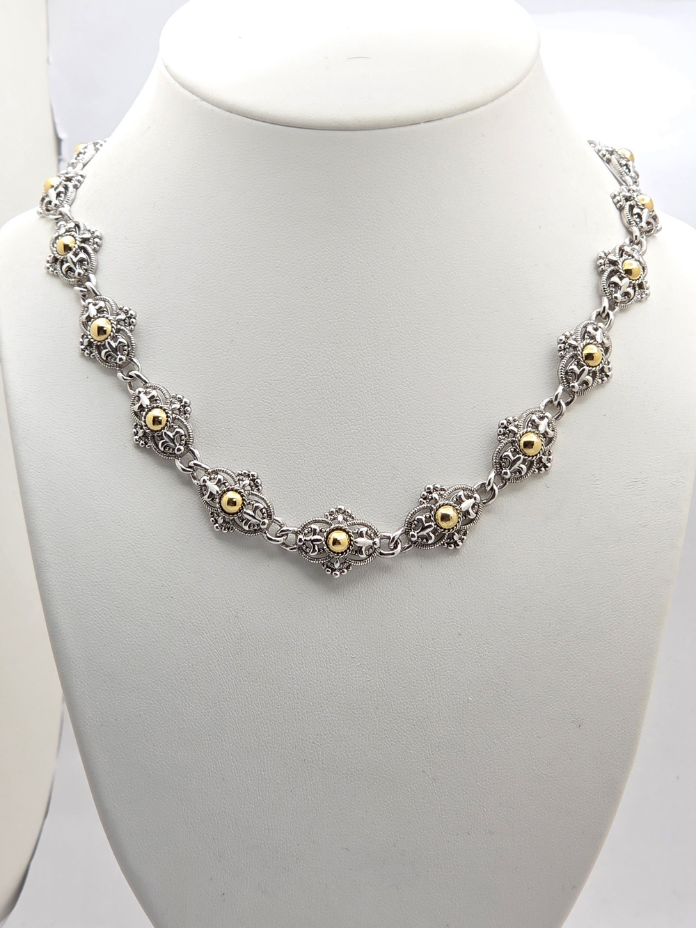 Park Lane Silver & Gold Two Tone Fleur De Lis Scroll Link Statement Necklace 18"